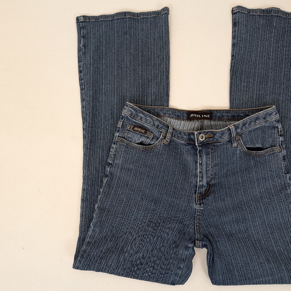 Gasoline Pinstriped Denim Jeans Flare Bootcut Mid Rise Low Y2K - Picture 4 of 8
